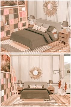 three different views of a bedroom with white walls and wood flooring, including a large bed