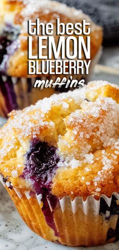 blueberry muffins with powdered sugar on top and the words, the best lemon blueberry muffins