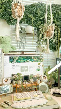 an office desk with various plants and computer equipment on it, including a monitor screen