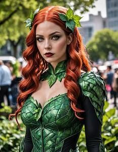 a woman with red hair and green leaves on her body