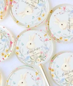 six plates with bunny rabbit designs on them and the words happy easter printed on them