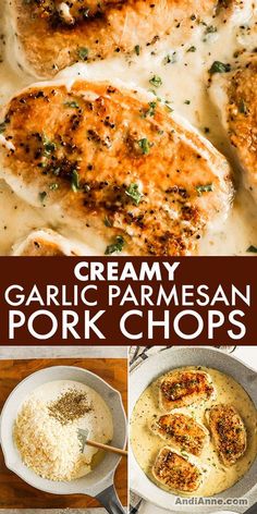 creamy garlic parmesan pork chops with gravy in a skillet