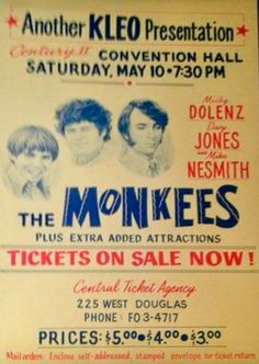 the monkies concert poster for their upcoming show at the kloo on friday, may 10