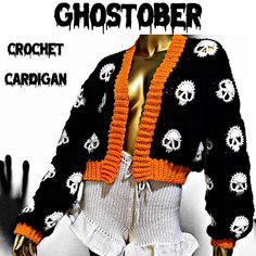 there is a black and white knitted jacket with skulls on it, along with the words crochet cardigan