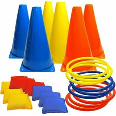 an assortment of colorful plastic cones and hoses