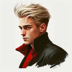 a painting of a man with blonde hair wearing a red shirt and black leather jacket