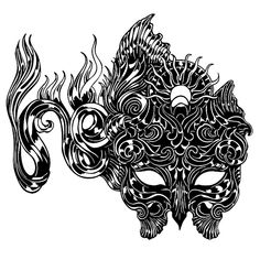 a black and white drawing of a mask with swirls on the face, as if it