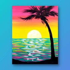 a painting of a palm tree on the beach