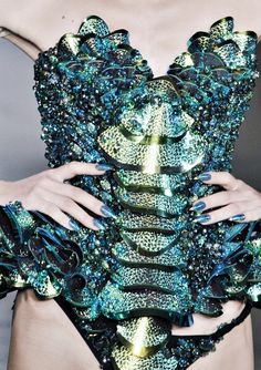 I have no idea what I would do with this, but it is my "heart's desire" to have… The Blonds, Fashion Week Spring 2014, Mode Inspiration, Green And Blue, Fashion Week Spring, Fashion Details, Little Mermaid, Costume Design, Corsets