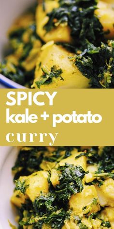 spinach and potato curry in a white bowl with the words spicy kale + potato curry