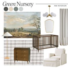 a baby's nursery with neutrals and greens in the colors grey, white, and gold