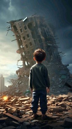 a young boy standing in front of a destroyed building