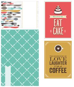 four different greeting cards with the words eat cake, love laughter and coffee