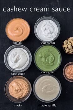 six different types of cream sauces in small bowls