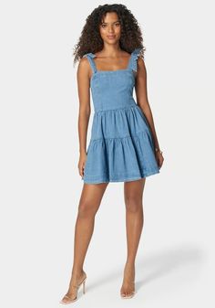 Bow Detail Fit And Flare Denim Dress | bebe