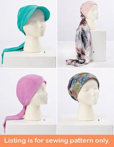 Sewing Pattern Make Hats and Turbans for Women Physical Paper Pattern Uncut and Factory Folded This listing is for one sewing pattern to make all of the items listed below.  Directions and pattern pieces are included.  Please note that anything else shown as well as any fabric or supplies needed are not included. These turban-style hats are full of style!  Sew a headwrap from cotton knit or jersey.  It can be made with or without visor and with long accent that can be knotted or secured with mat Swim Turban, Hat Sewing Pattern, Hat Sewing, Knotted Headwrap, Scrunchie Styles, Hat Patterns To Sew, Head Wrap Scarf, Visor Cap, Turban Headwrap