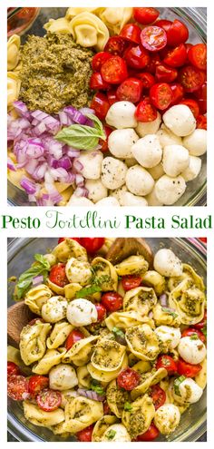 pasta salad with pesto, mozzarella and tomatoes in a glass bowl on a white background