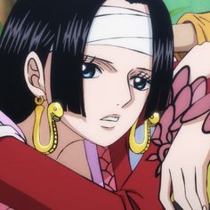 an anime character with black hair and large hoop earrings