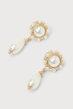 two pairs of pearl and gold tone earrings with pearls on each earring, one in the