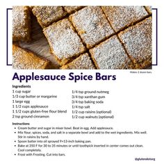 a recipe for applesauce spice bars is shown in the bottom right hand corner