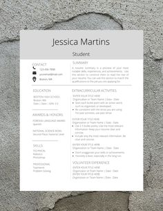 a professional resume is shown on top of a concrete wall with the words, student