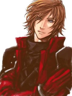 an anime character with brown hair and red jacket