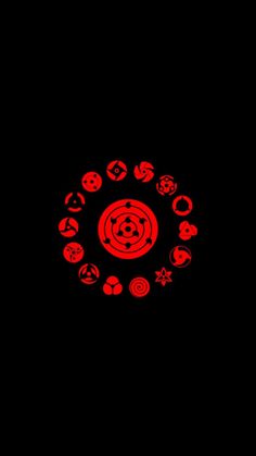 an image of a red circle with symbols in the middle on a black back ground