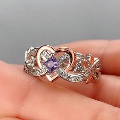 Creative Women's Heart Rings with Romantic Rose Flower DesignF10176 Amethyst Birthstone Ring, Amethyst Birthstone, Amethyst Heart, Heart Crystal, Heart Shaped Rings, Romantic Roses, Zircon Ring, Crystal Stones, Fancy Jewelry