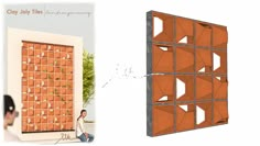 an image of a man walking past a wall made out of bricks and boxes with holes in them