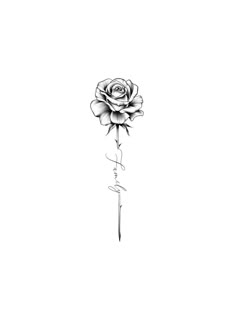 a black and white drawing of a single rose on a stick with the word love written in cursive writing