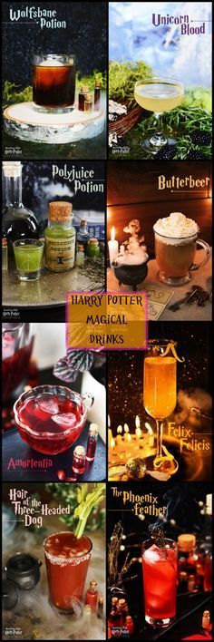 many different types of drinks are shown in this collage with the words harry potter on them