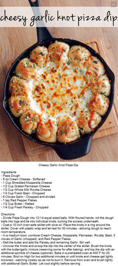 the recipe for cheesy garlic hot pizza dip in a cast iron skillet