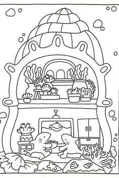 a coloring page with an oven and fish in the ocean, surrounded by corals