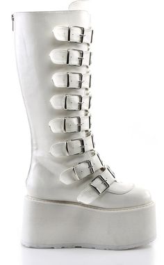 Dayum! These flatform boots are perfect for those who want some height with their stompy af boots without having to totter around on a heel. Vegan White PU leather Straps EVERYWHERE 3 1/2 inch platform Back zipper U.S women's sizing-refer to size chart for more info White Platform Boots, Creeper Boots, Demonia Boots, Concert Wear, Knee High Platform Boots, Alternative Shoes, Creepers Shoes, Demonia Shoes, Vegan Leather Boots