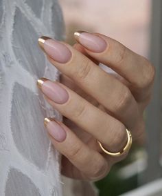 French Dip Wedding Nails, French Tips Chrome Nails, Gold Tipped French Manicure, Chrome Over French Nails, Bronze Tip Nails, French Manicure Gold Tips, French Gold Tip Nails, Gold Tips Nails Acrylic, Gold Tip French Manicure