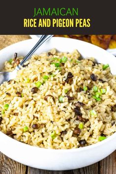 rice and pigeon peas in a white bowl on a wooden table with text overlay