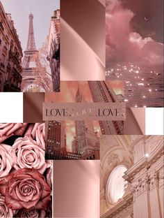 the collage has pink roses and buildings in it with words love you love on them