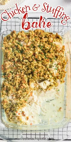 chicken and stuffing casserole in a glass dish