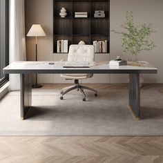 an office with a desk, chair and bookshelf in front of a window