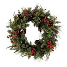 a christmas wreath with pine cones and berries