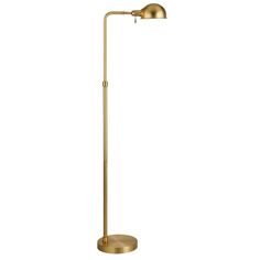 a gold floor lamp on a white background with the light turned on and one arm down