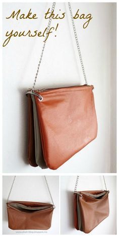 a purse hanging on the wall with chains attached to it's side and two pictures showing