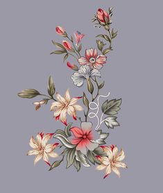 an illustration of flowers on a gray background with red, white and green leaves in the center