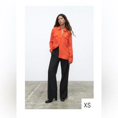 Flowy Shirt With Pockets Orange 100 % Viscose Oversized Poplin Shirt, Flowy Shirt, Layered Blouse, Hem Blouse, Zara Shirt, Zara Blouse, Plaid Blouse, Satin Shirt, Pleated Pants