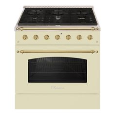 a white stove with gold trim and two burners on the top, in front of a white background