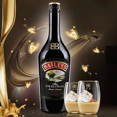 a bottle of bailey's irish cream liqueur next to two glasses filled with ice