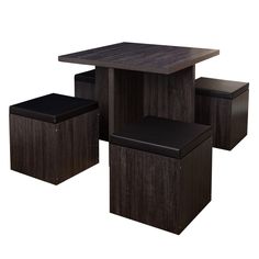 three square tables and four stools with black leather seats