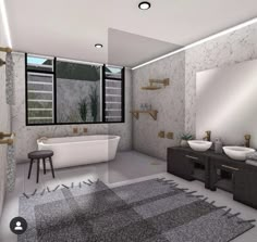 a bathroom with two sinks, a bathtub and a large rug on the floor