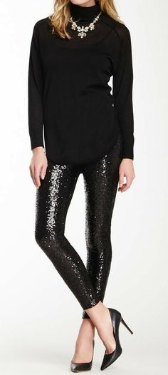 I love how this is such a simple low maintenance outfit, but nice enough to go out in. I feel more comfortable in pants, but it hard to find something dressy enough Embellished Leggings, Trendy Party Outfits, Glitter Leggings, Winter Party Outfit, Sequin Leggings, Looks Jeans, Mode Tips