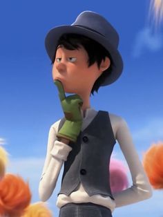 the animated character is wearing a hat, vest and gloves